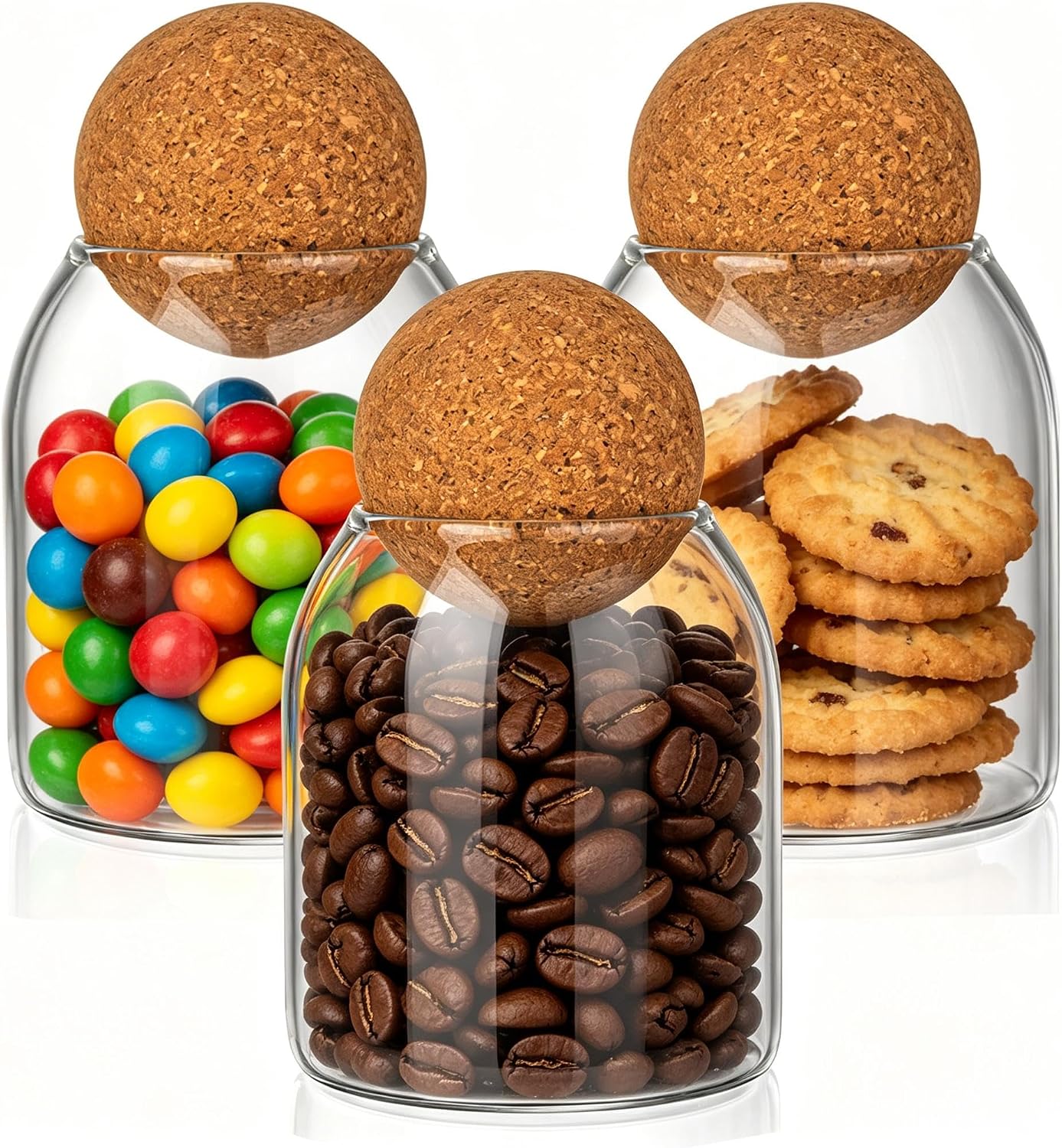 3 Pzas Tarros Vidrio 16oz Tapas Corcho Bola Herméticas