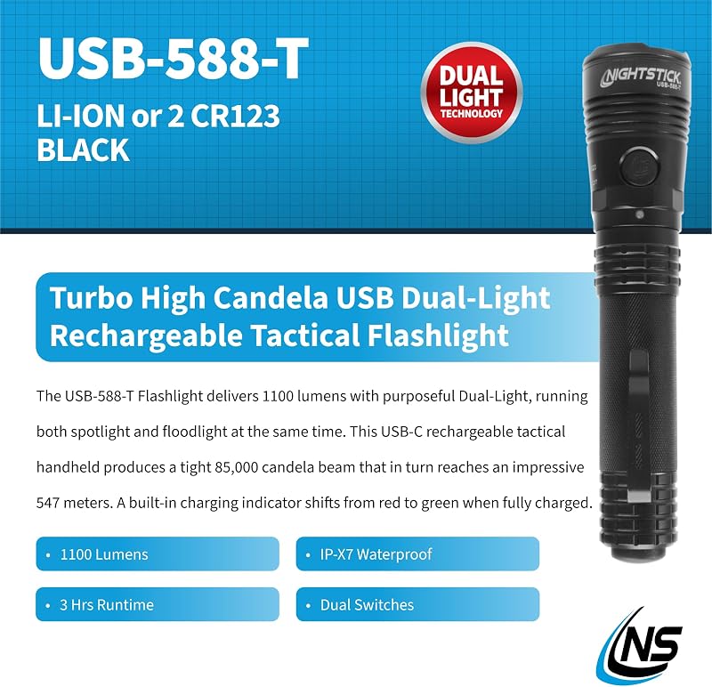 Linterna táctica USB-588-T doble luz Li-Ion negro
