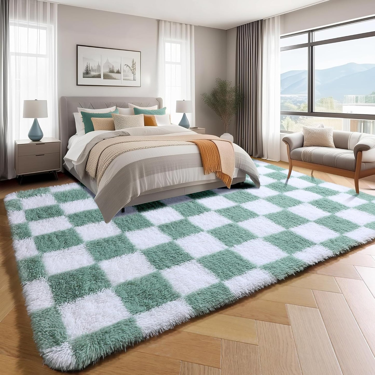 Alfombra cuadros verde salvia dormitorio sala