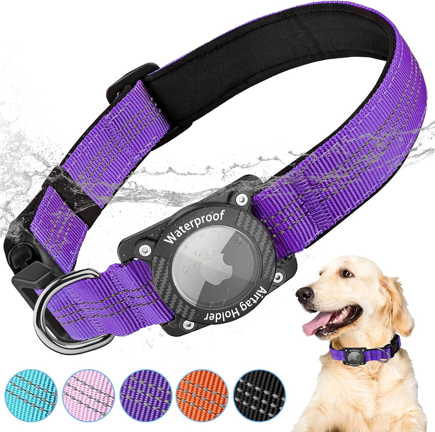 Collar perro con AirTag impermeable IPX8 morado XL