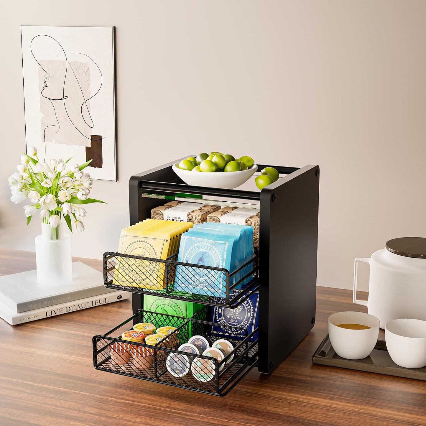 Caja madera para bolsas té 2 cajones soporte encimera
