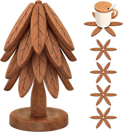 Salvamanteles madera forma árbol 4 pzas plegables con soporte