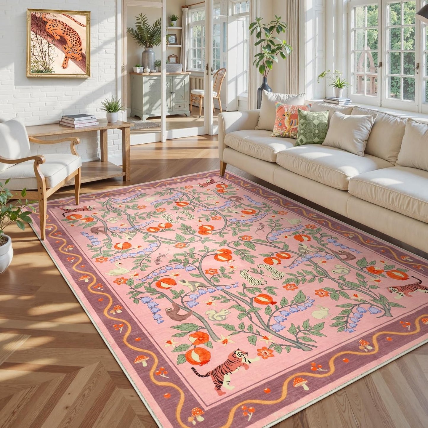 Alfombra lavable estampado animal 5x7 rosa boho antiderrap