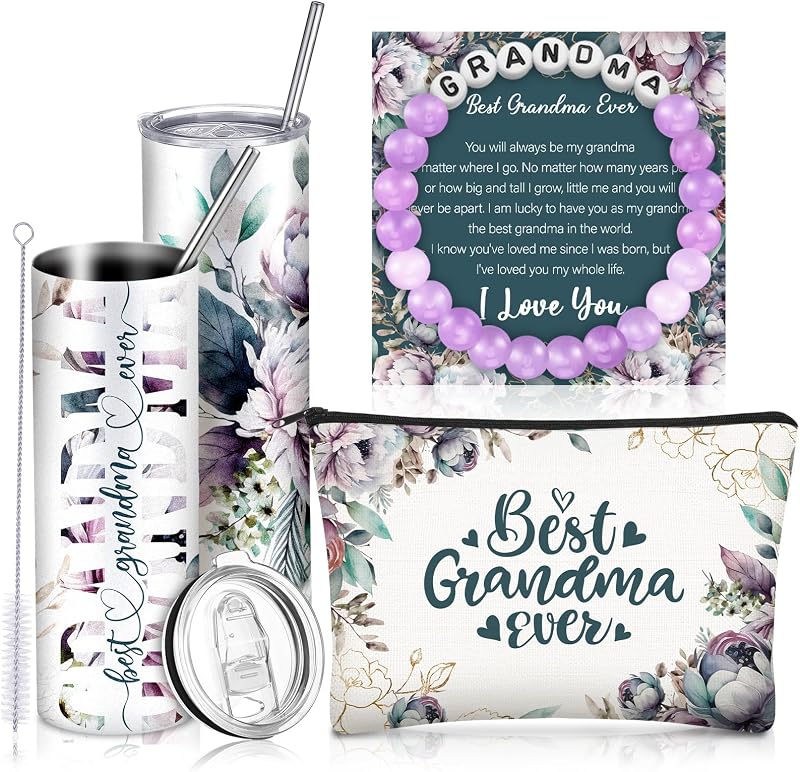 Juego regalo abuela vaso pulsera bolsa maquillaje morado