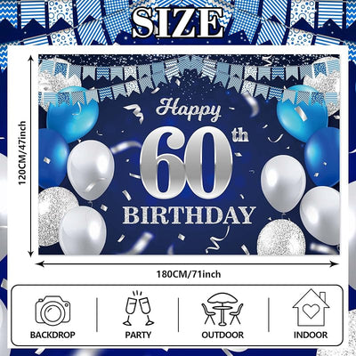 Pancarta 60 Cumpleaños Globos Azul Marino Confeti Brindis