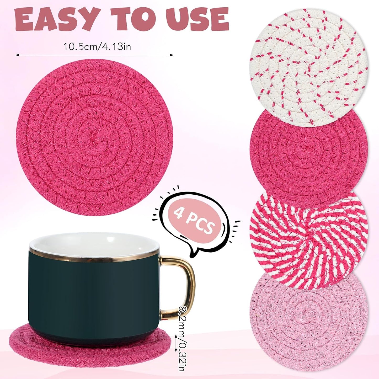 4 Pzas Posavasos Tejidos Rosa Redondos 4.1pulg