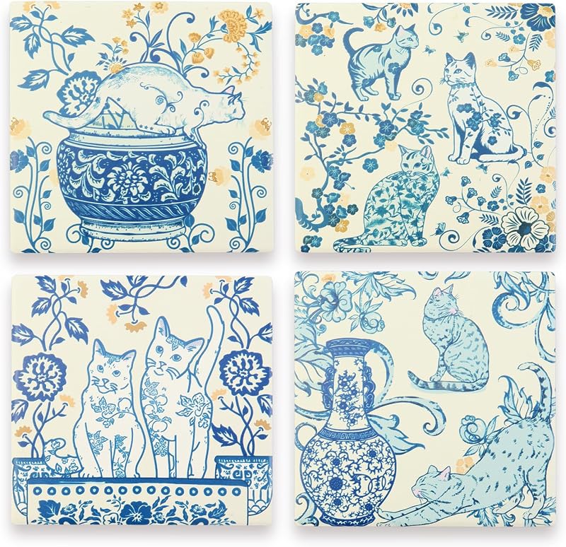 Portavasos cerámica chinoiserie azul y blanco para gatos set 4