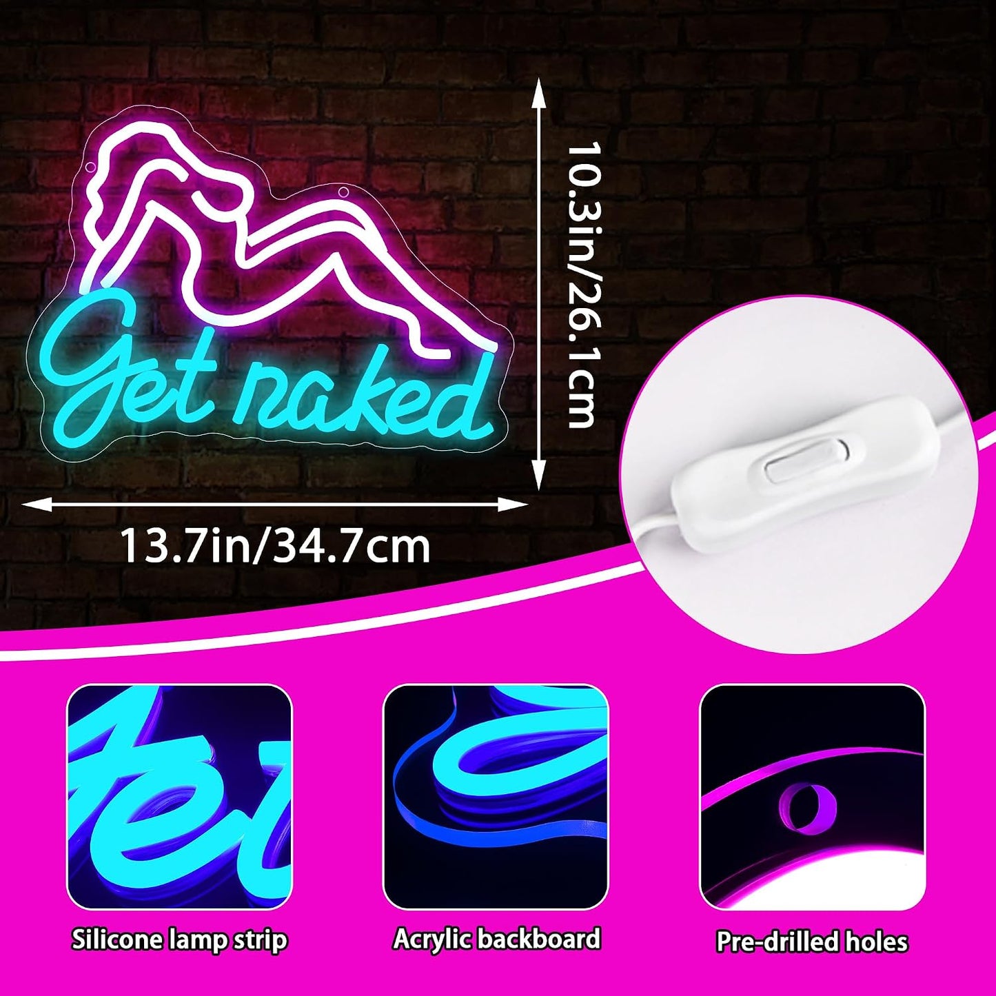 Letrero neón get naked rosa para decoración pared