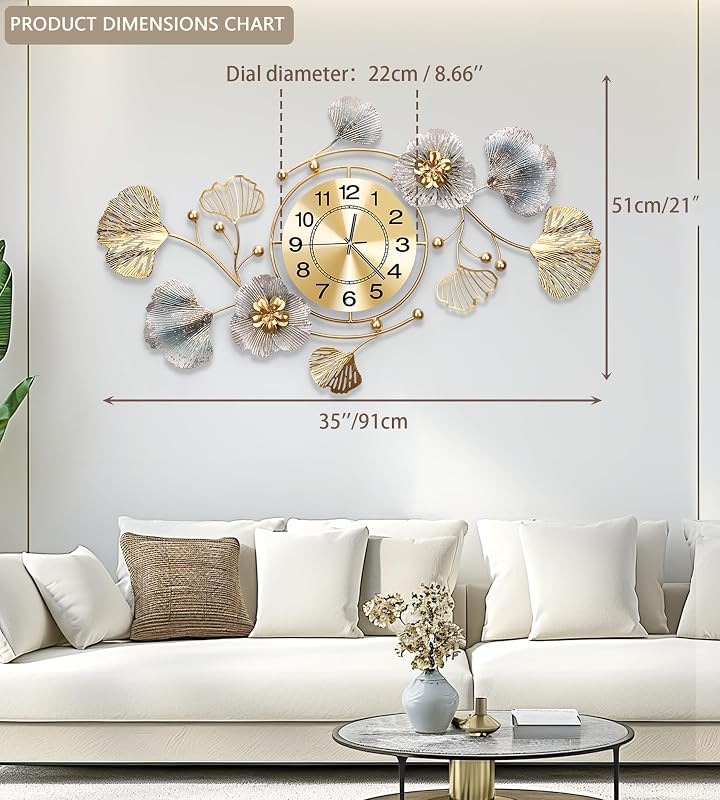 Reloj pared silencioso 3D diseño ginkgo metal 35x20pulg