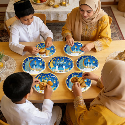 24 Platos Ramadán 9pulg Azul Dorado Eid Mubarak
