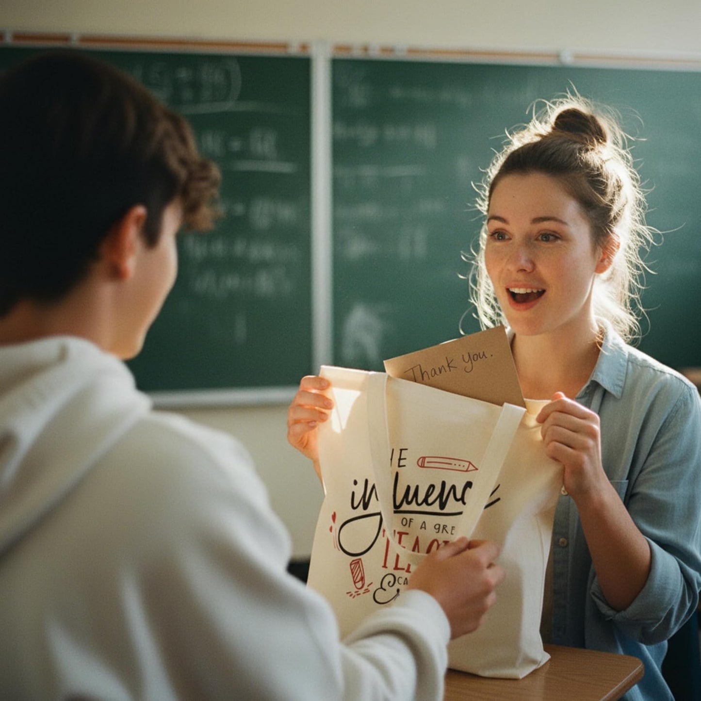 Bolsa regalo profesora algodón con bolsillo interior