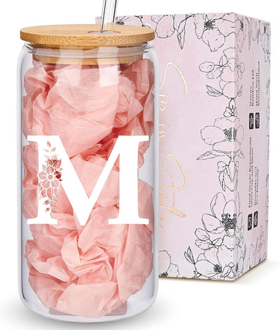 Taza vidrio con monograma tapa pajita personalizada