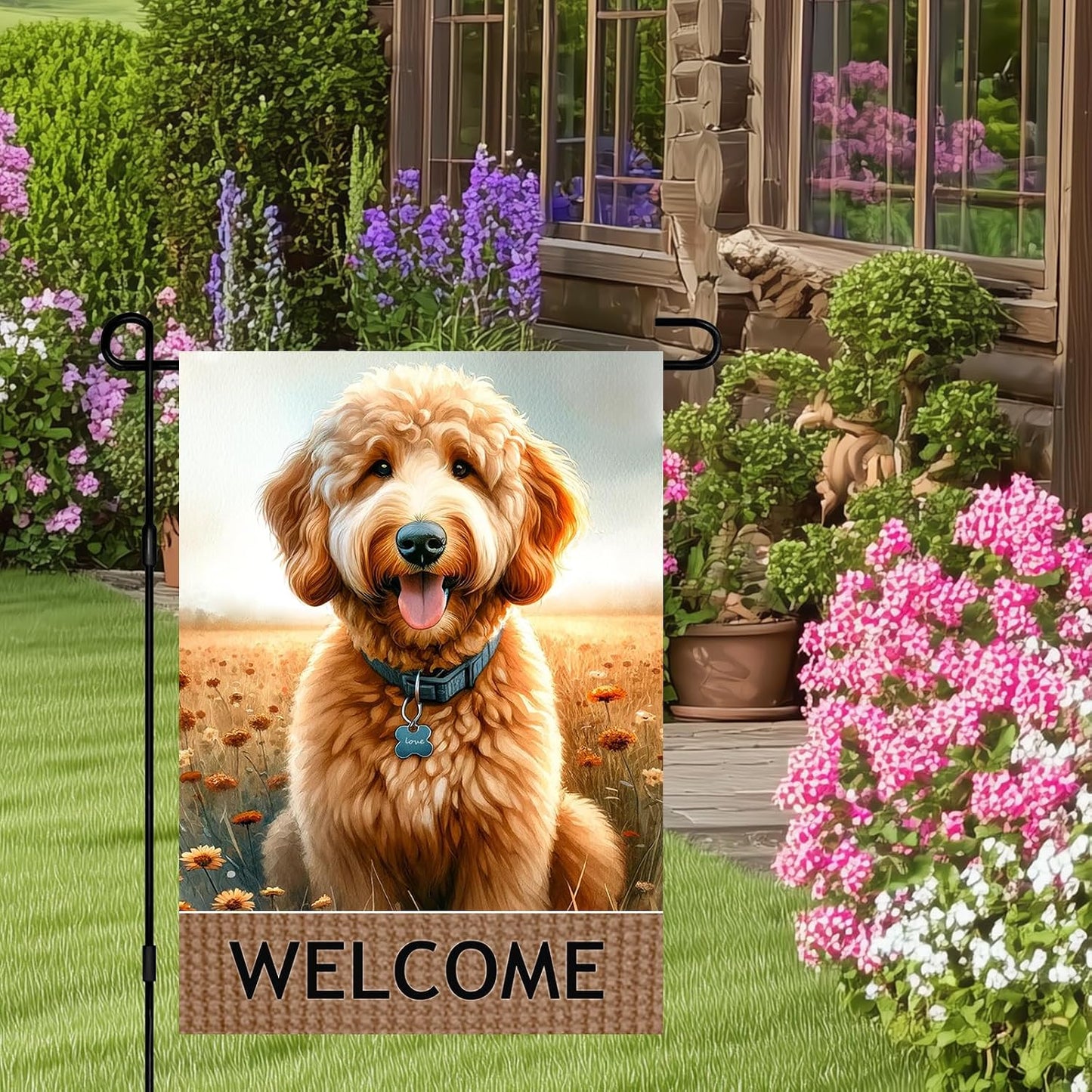 Bandera bienvenida perro doble cara 12x18pulg exterior