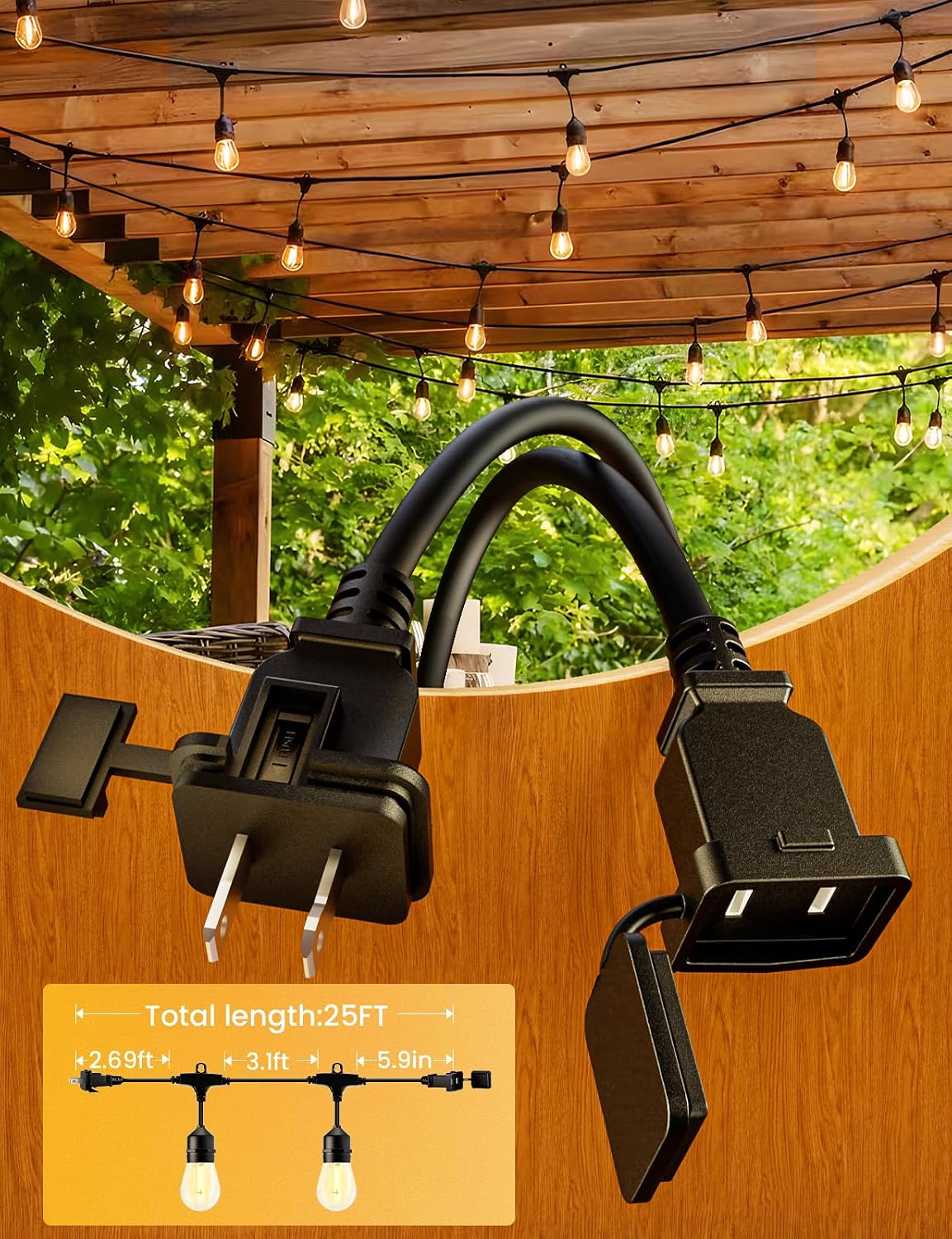 Cadena luces LED exteriores 25ft 9 bombillas E26 IP65 blanco cálido