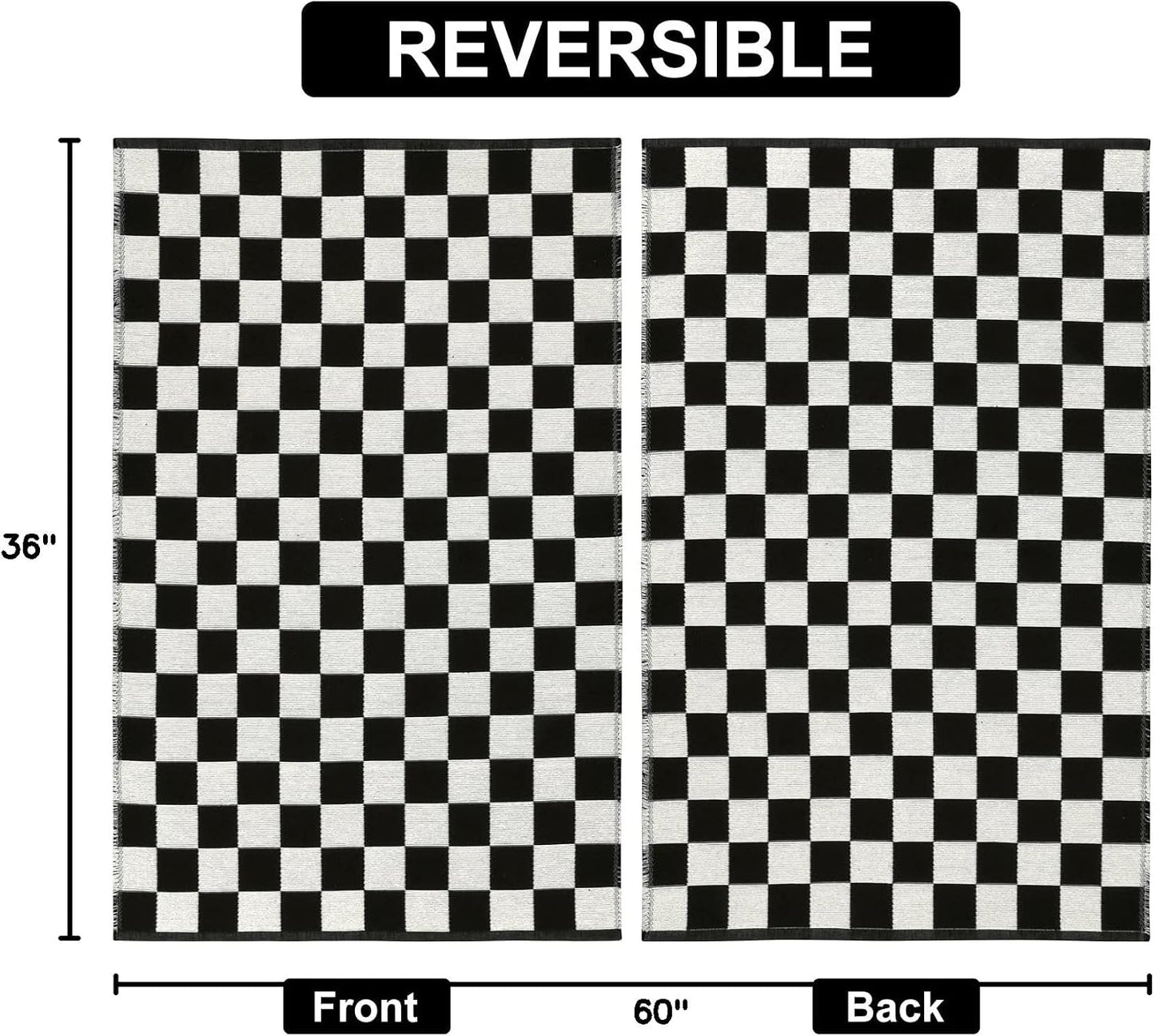 Alfombra Cuadros Reversible 3x5ft Negro Blanco Algodón
