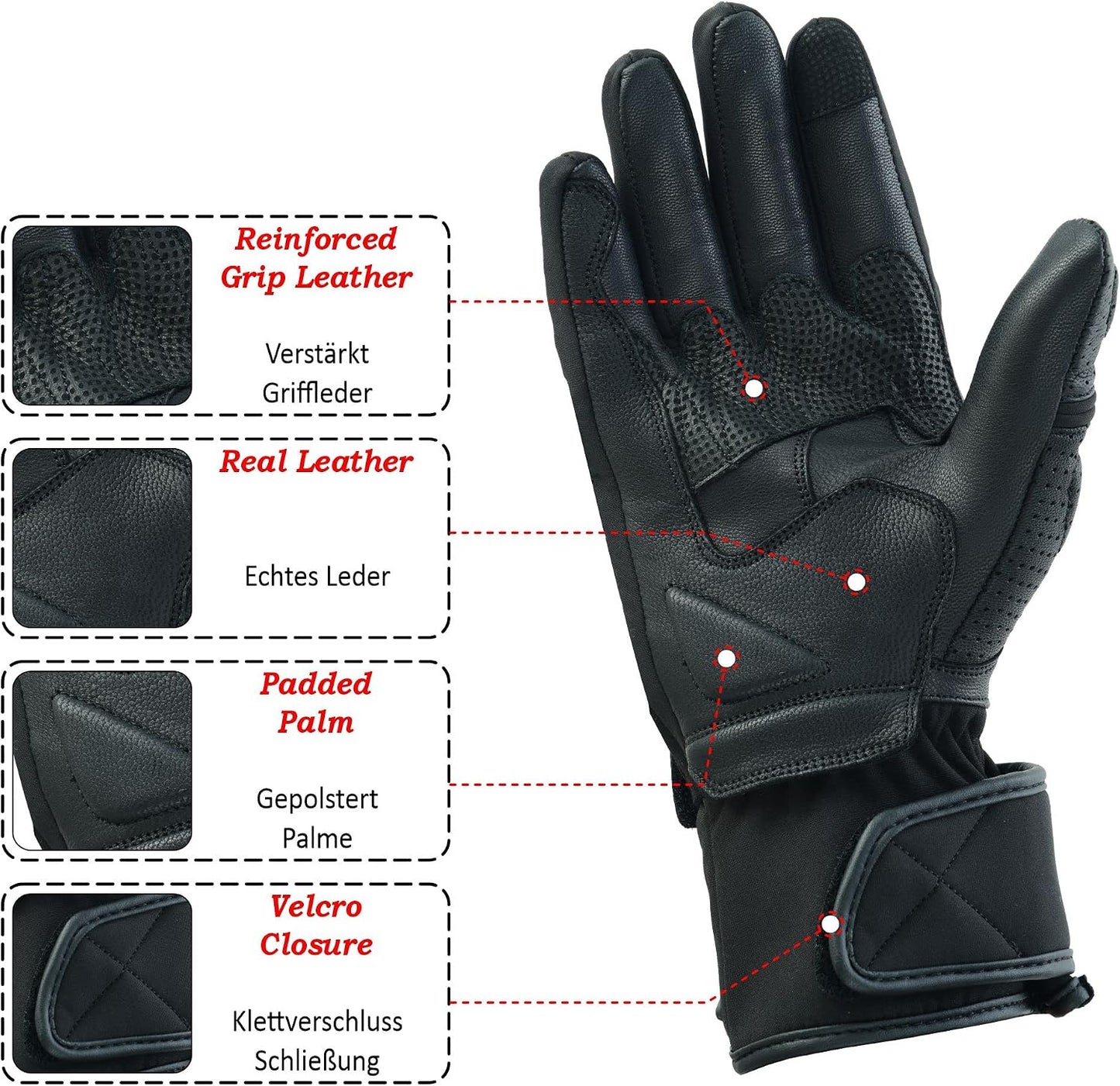 Guantes moto cuero verano pantalla táctil negros unisex
