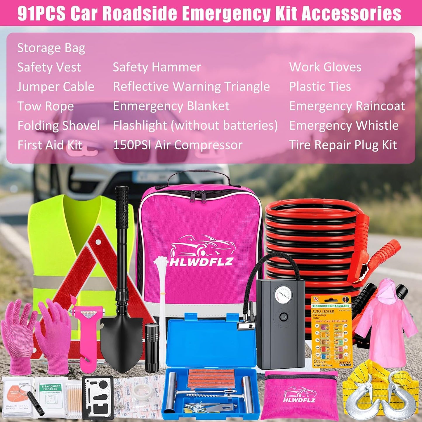 Kit emergencia carretera auto camión cables puente rosa