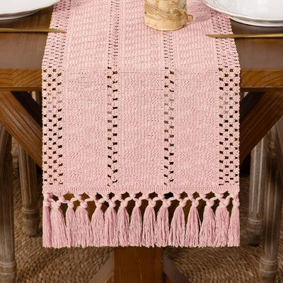 Camino de mesa bohemio de macramé con borlas 60 pulgadas algodón rosa y lino
