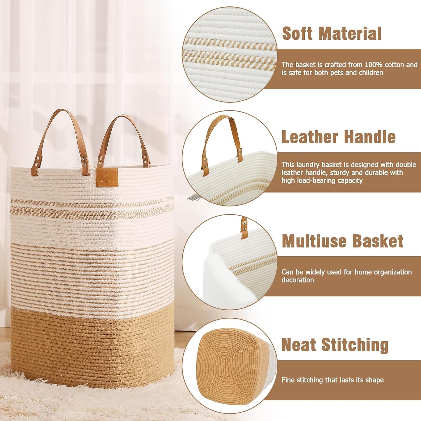 Cesta almacenamiento decorativa 100L con asas cuero