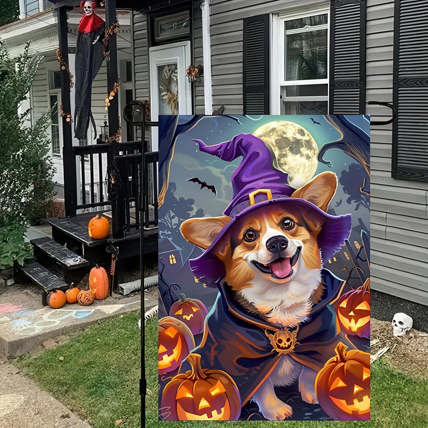 Banderas Halloween doble cara 12x18pulg corgi bruja jardín