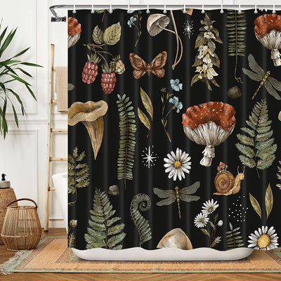 Cortina ducha vintage con hongos y helechos 69x70pulg