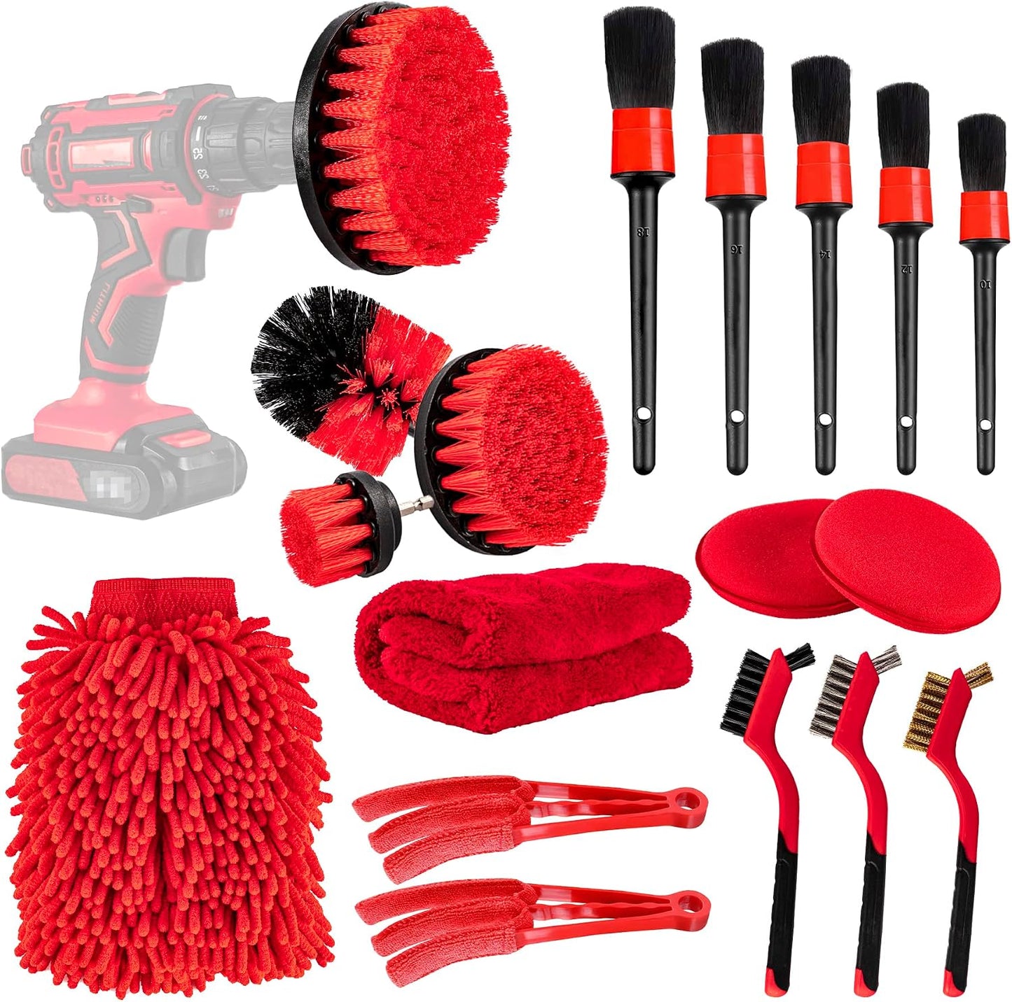 Kit 18 herramientas limpieza auto cepillos accesorios rojo