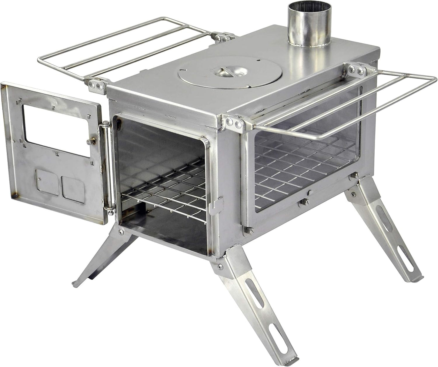 Estufa leña portátil acero inox ventanas vidrio patas