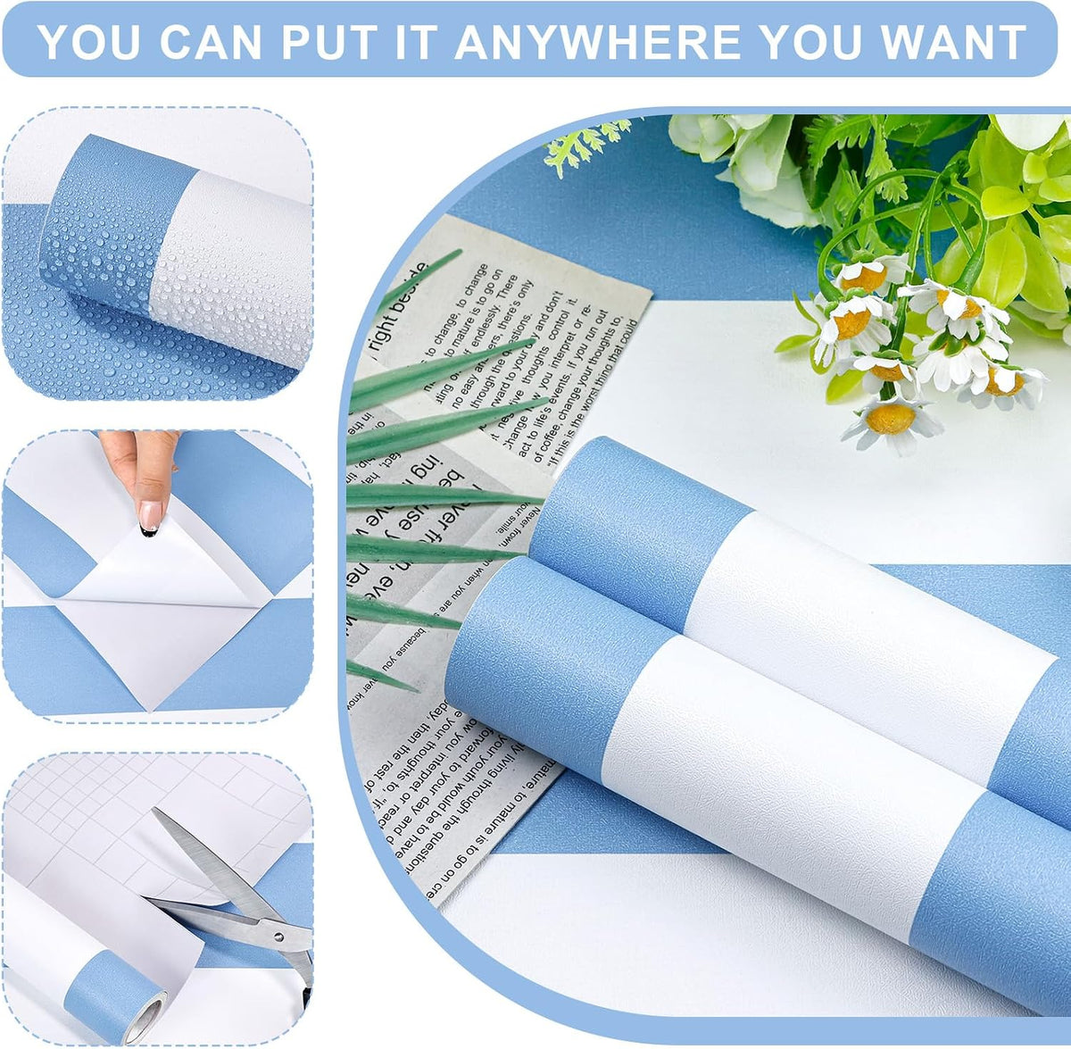 Papel tapiz rayas azul y blanco 17.3x400pulg autoadhesivo vinilo