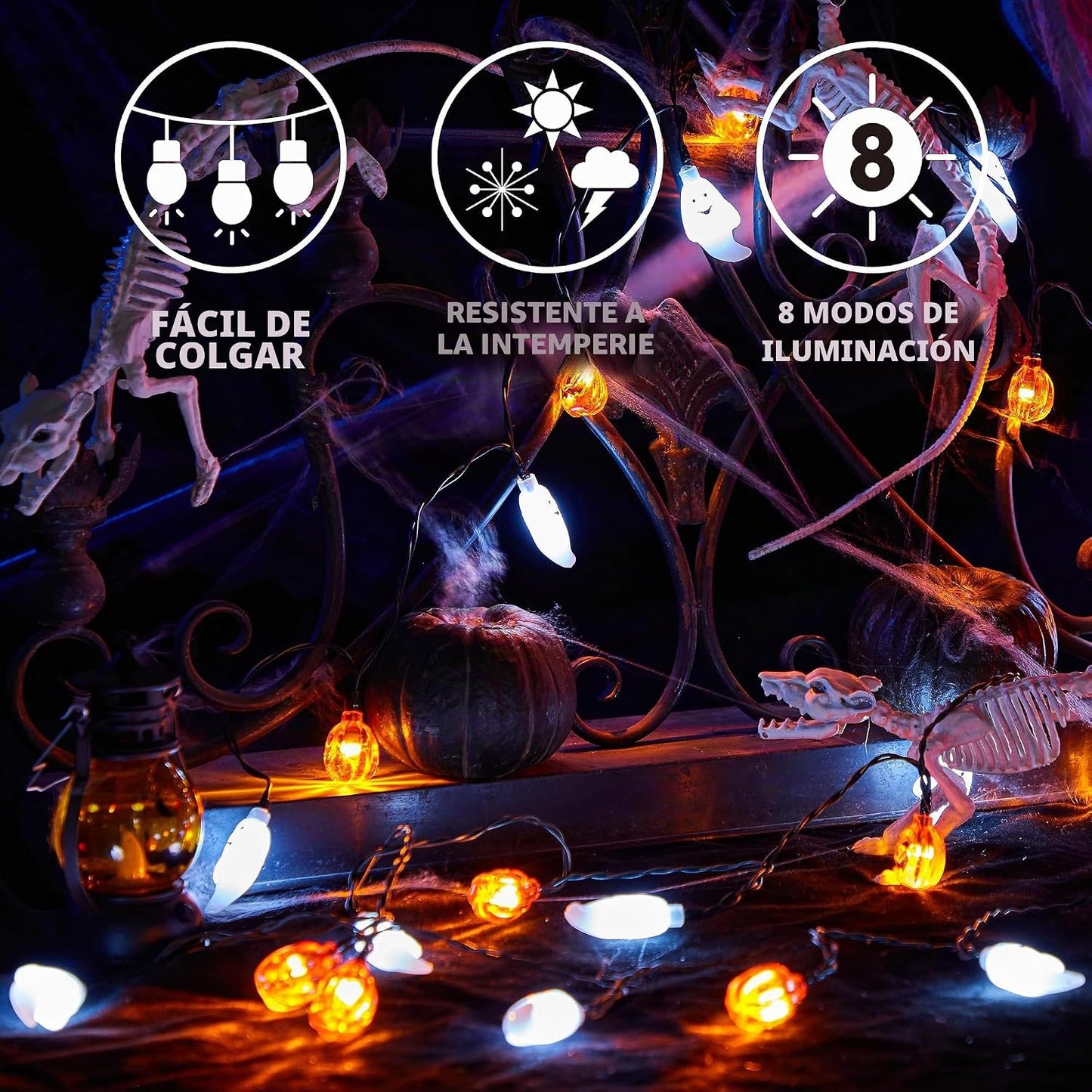 Guirnalda luces Halloween 30 LED 8 modos naranja