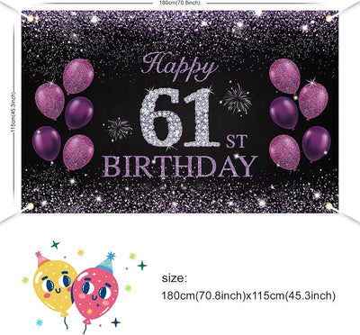 Cartel feliz cumpleaños 61 morado telón 5.9x3.8pies