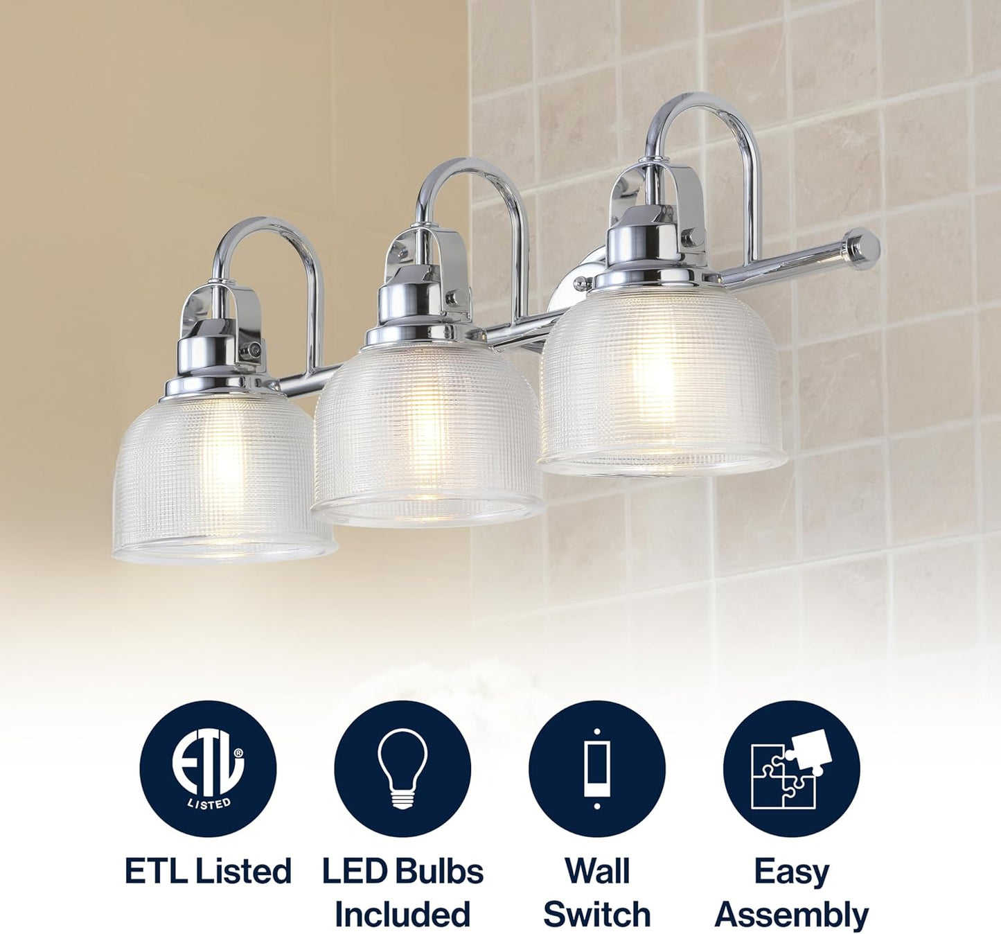 Lámpara baño moderna cromada 25pulg led 3 luces vidrio