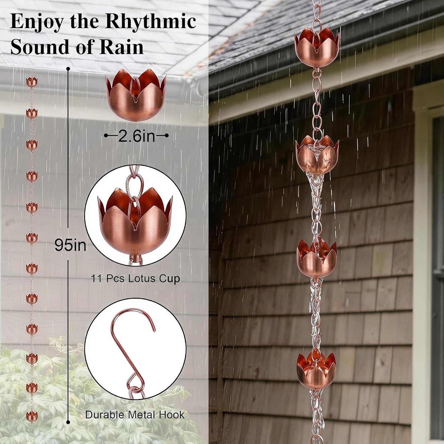 Cadena lluvia cobre 8.5ft con 11 tazas decorativas jardín