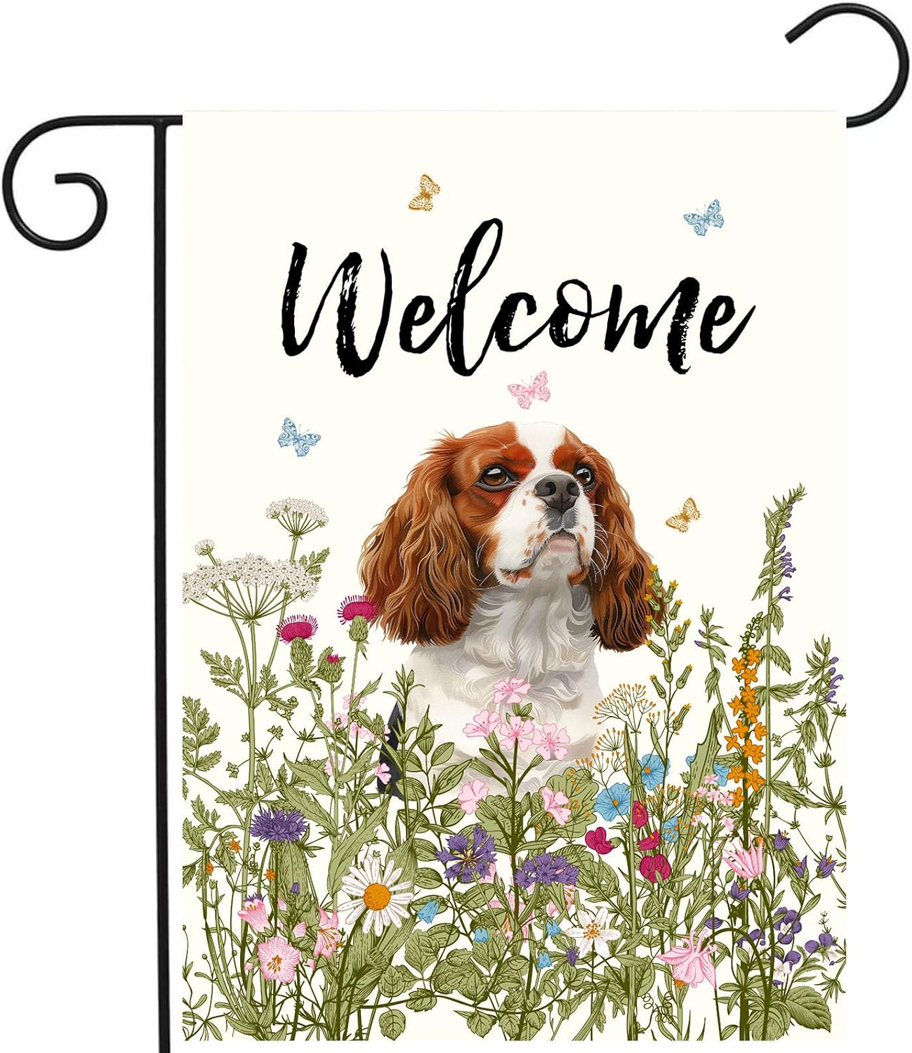 Bandera jardín floral perro Cavalier King Charles