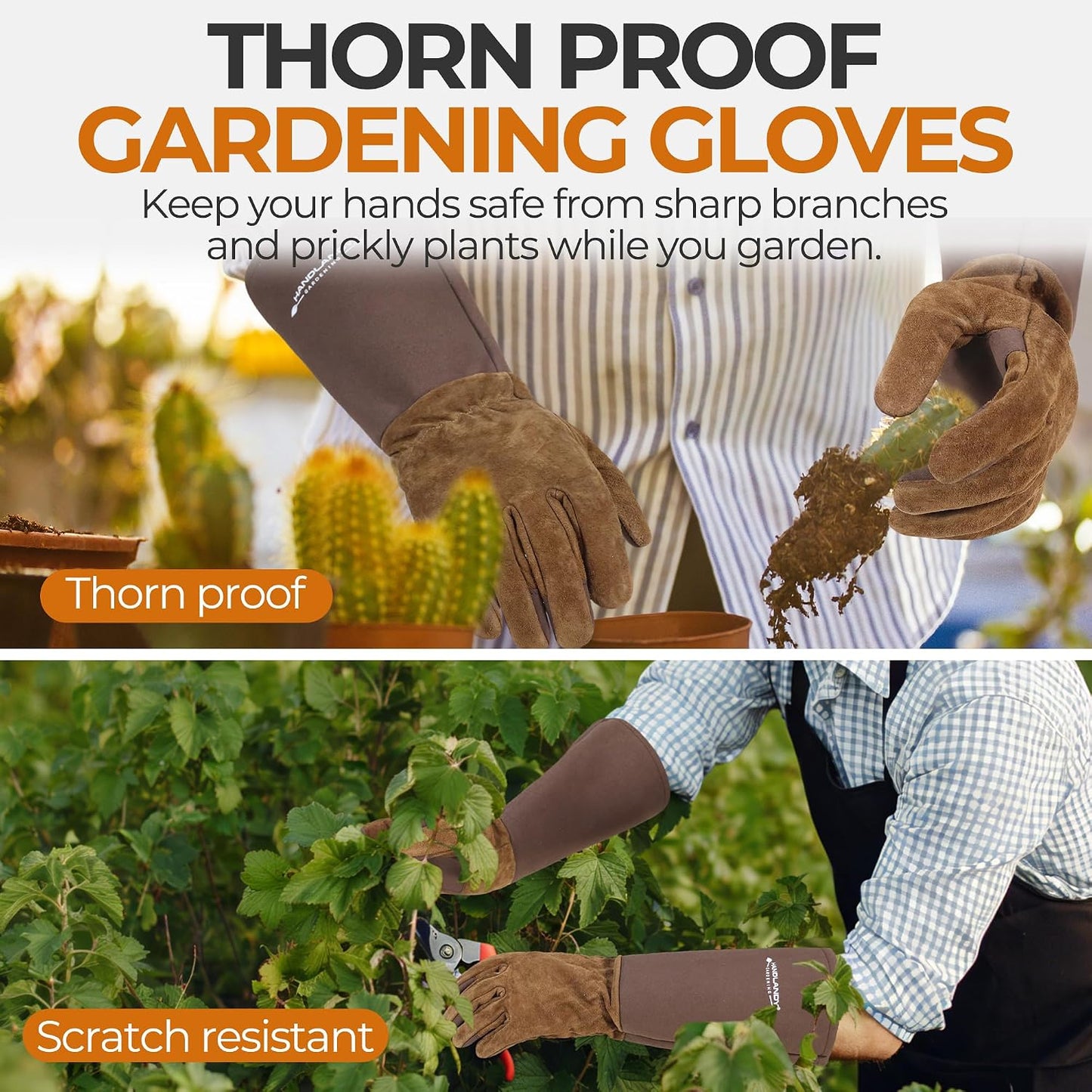Guantes jardinería cuero vacuno transpirables manopla marrón