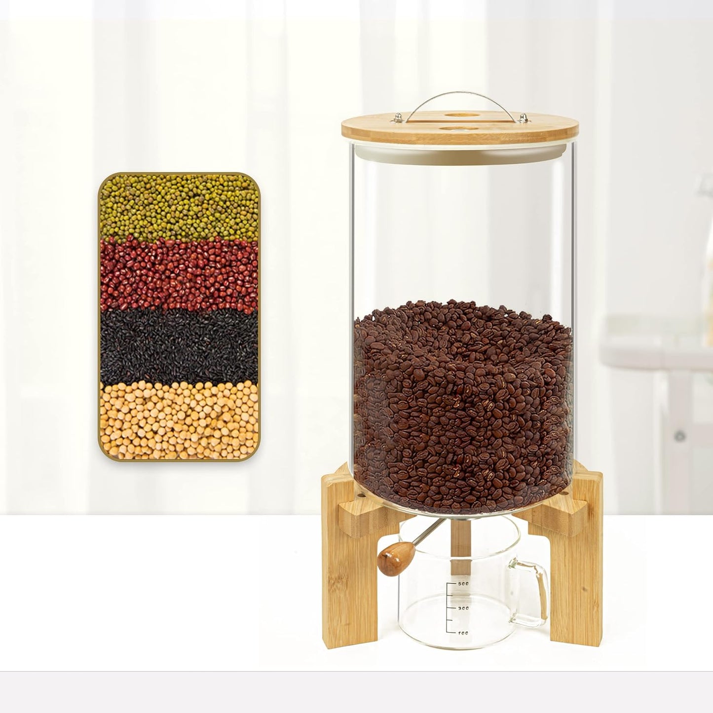 Dispensador arroz vidrio soporte bambú hermético