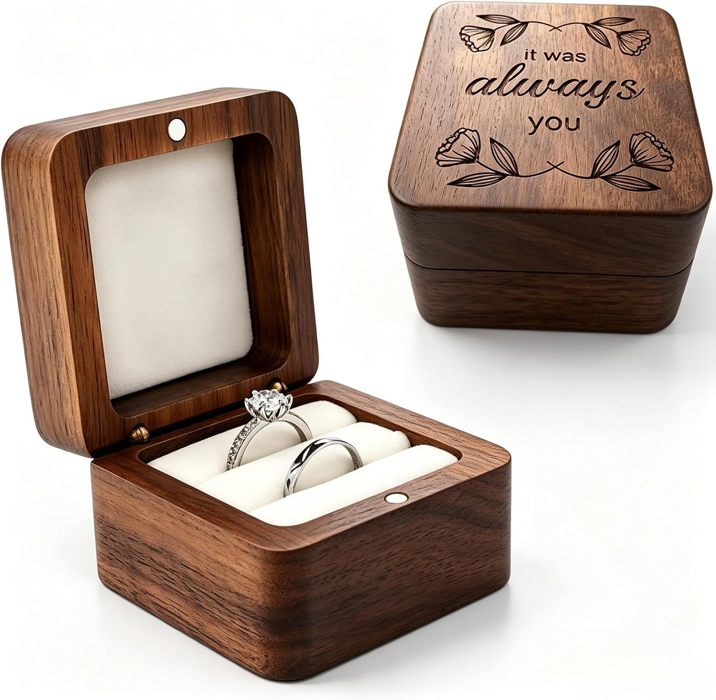 Caja madera soporte anillos boda grabado flora