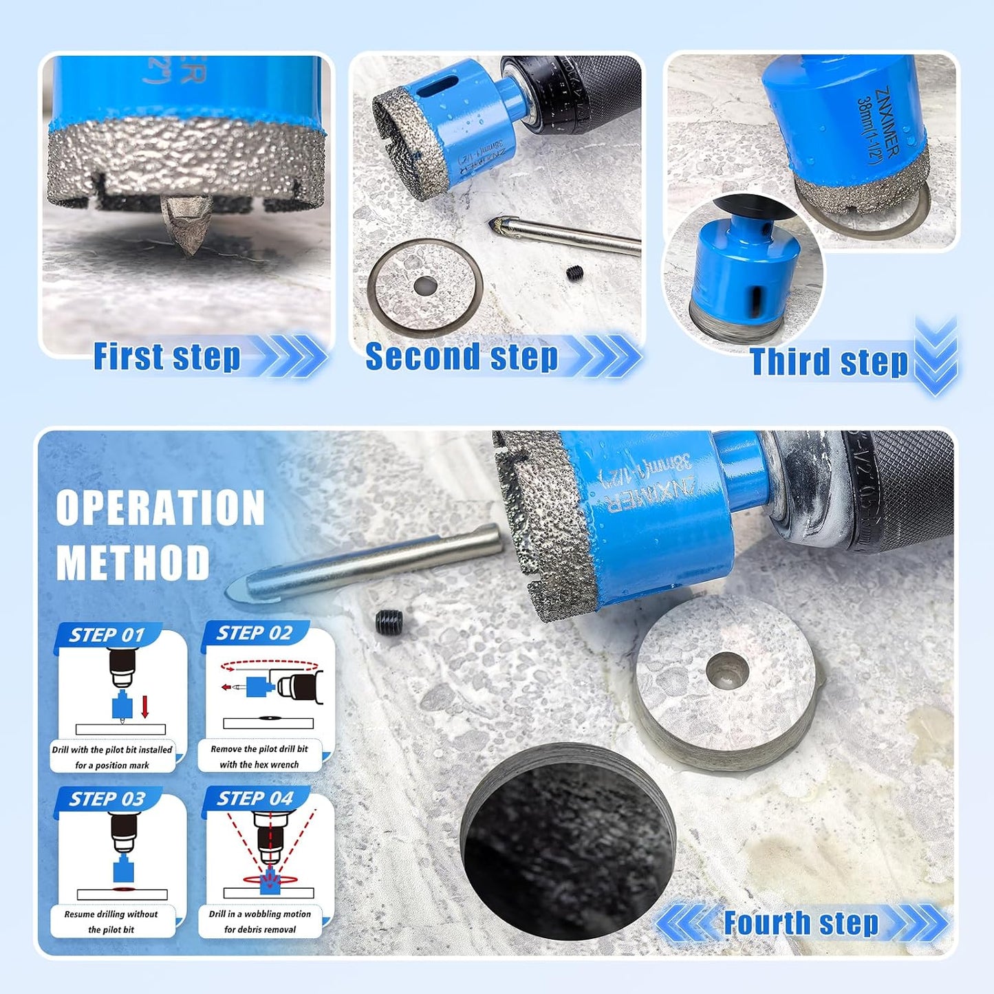 Kit brocas diamante núcleo 2pulg para azulejos granito