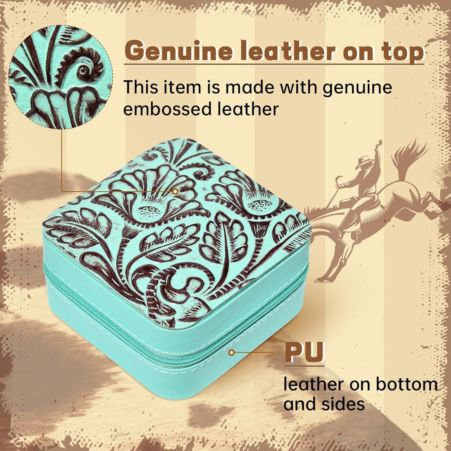 Caja joyero cuero genuino relieve turquesa marrón