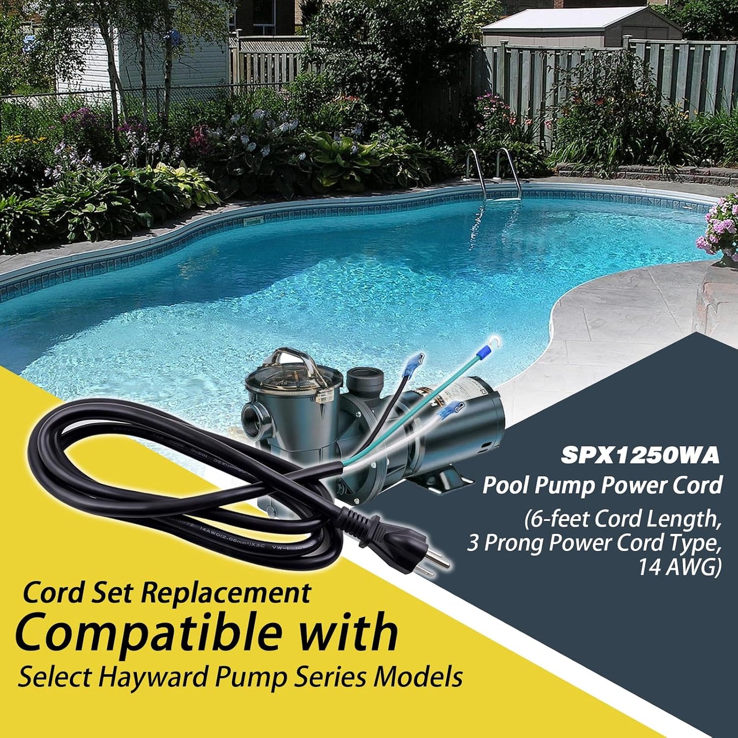 Cable alimentación bomba piscina 6ft 3 clavijas 14AWG