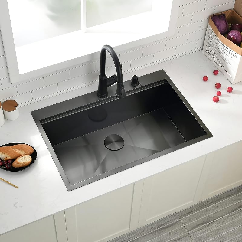 Fregadero cocina negro 33x22" acero inox 304 con estación