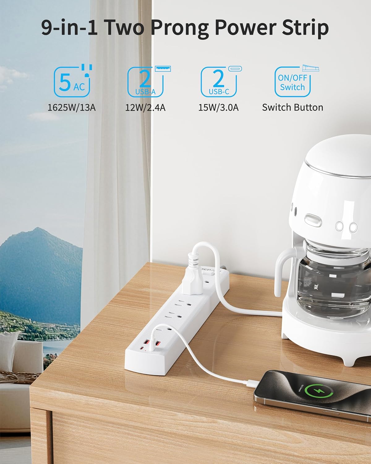 Regleta alimentación 2 clavijas 5 puertos CA 4 USB 2 USB C 5ft