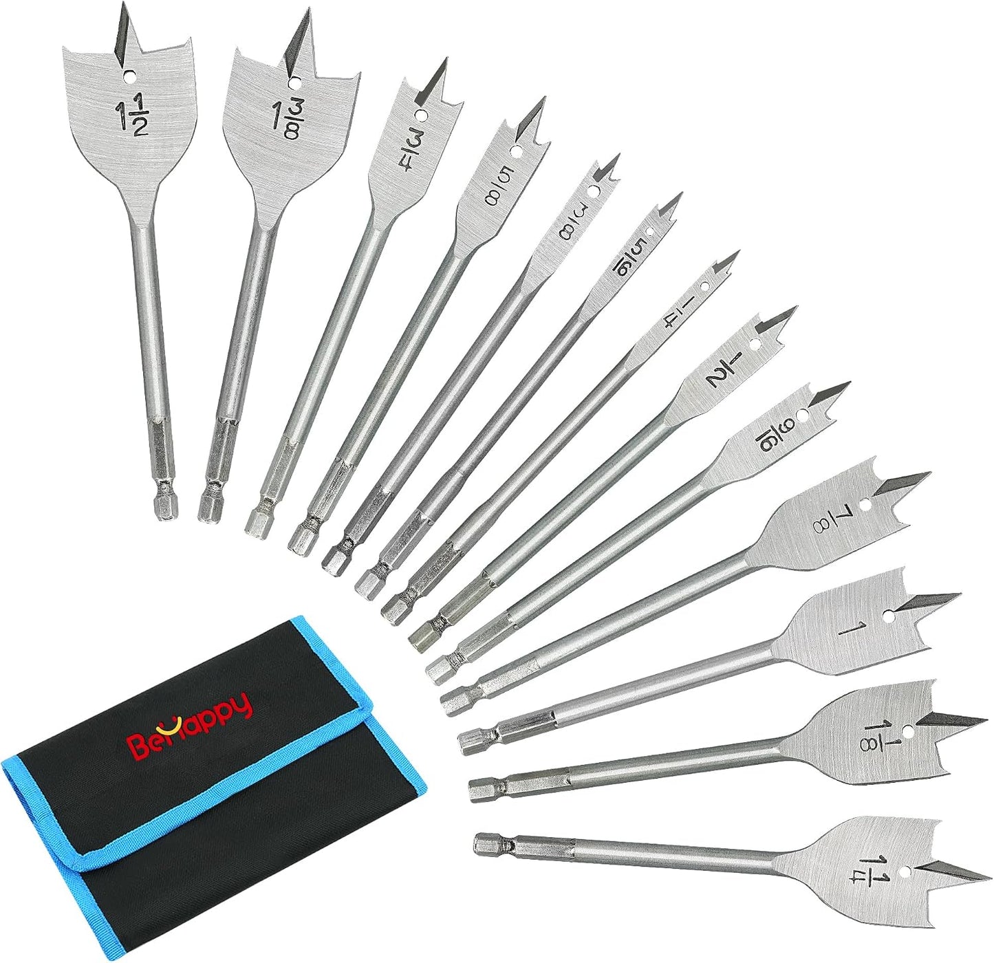 Set 13 Brocas Pala SAE 1/4 a 1-1/2pulg Carpintería con Bolsa