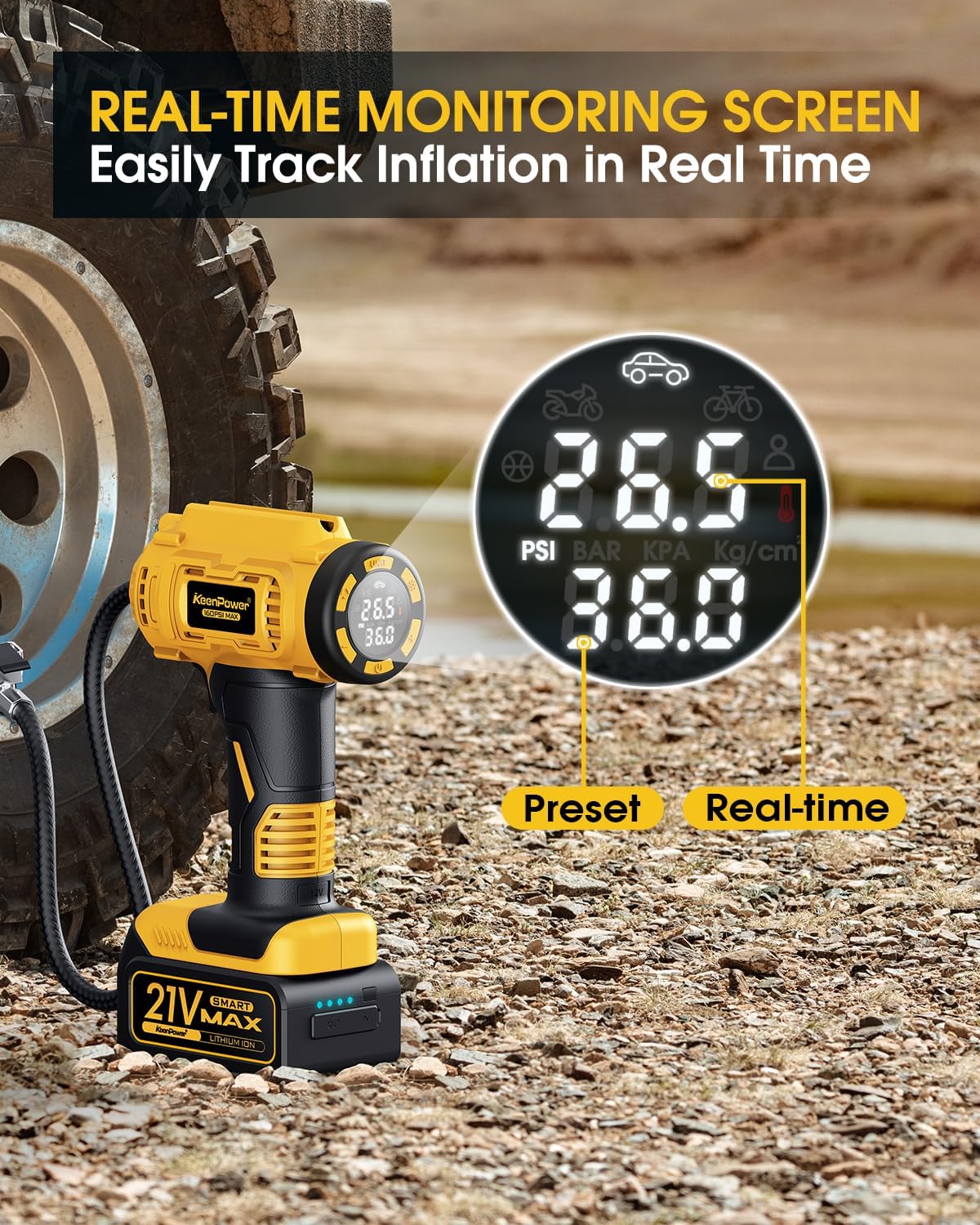 Inflador neumáticos inalámbrico 160psi con batería 21v