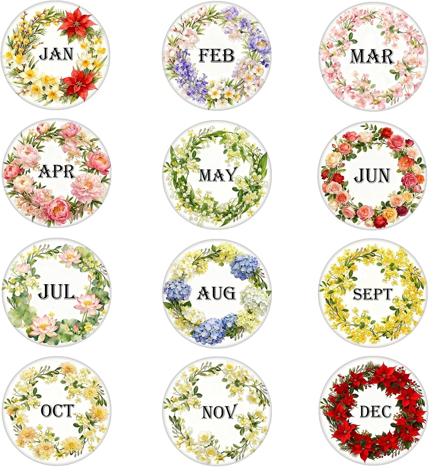 Pack 12 Imanes Redondos Decorativos Meses Año Florales
