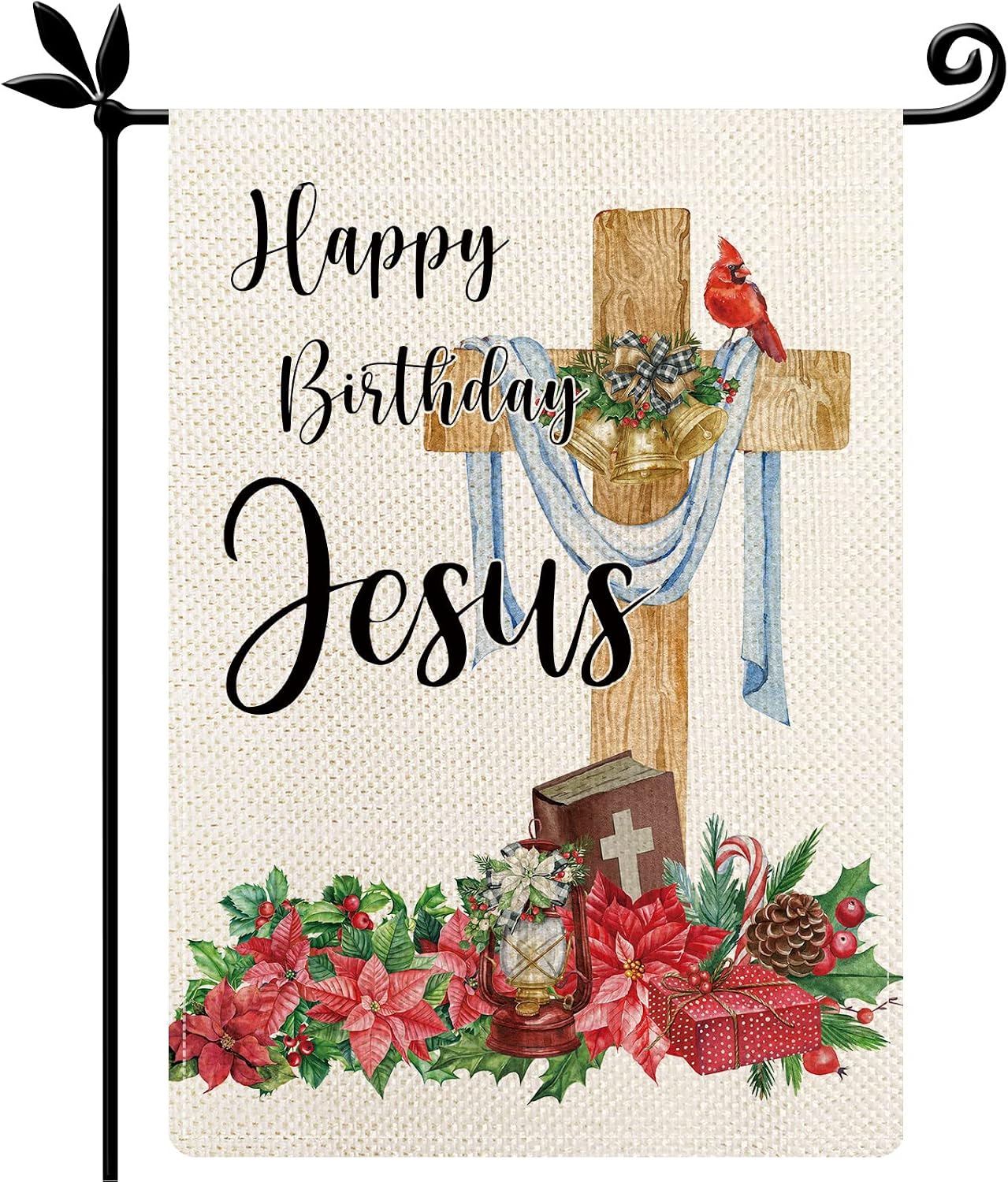 Bandera jardín feliz cumpleaños de Jesús cruz cristiana 12.5x18