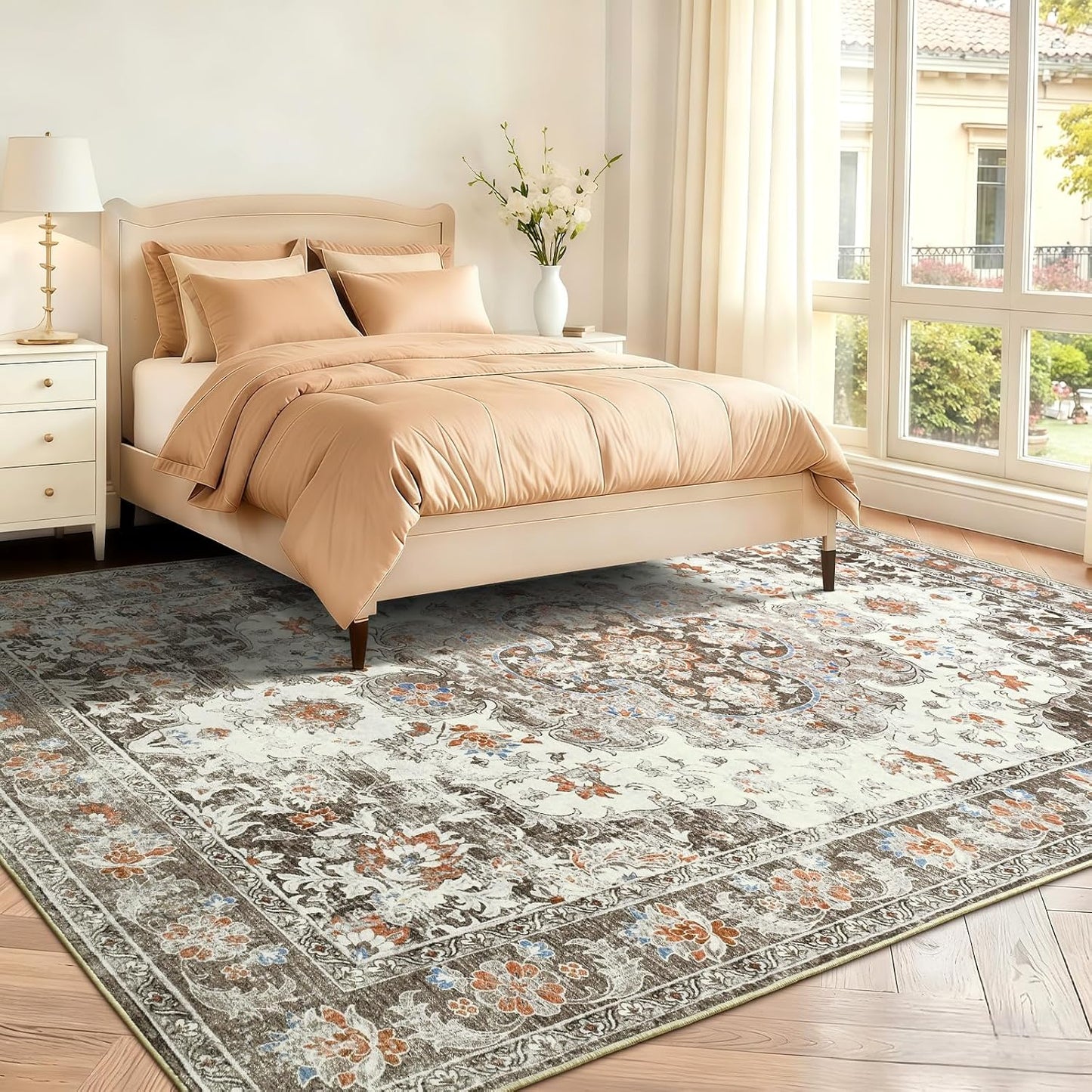 Alfombra sala 5x7ft lavable antiderrap vintage marrón