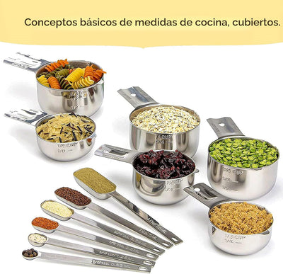 Set 12 Tazas y Cucharas Acero Inox 18/10 Apilables para Cocina