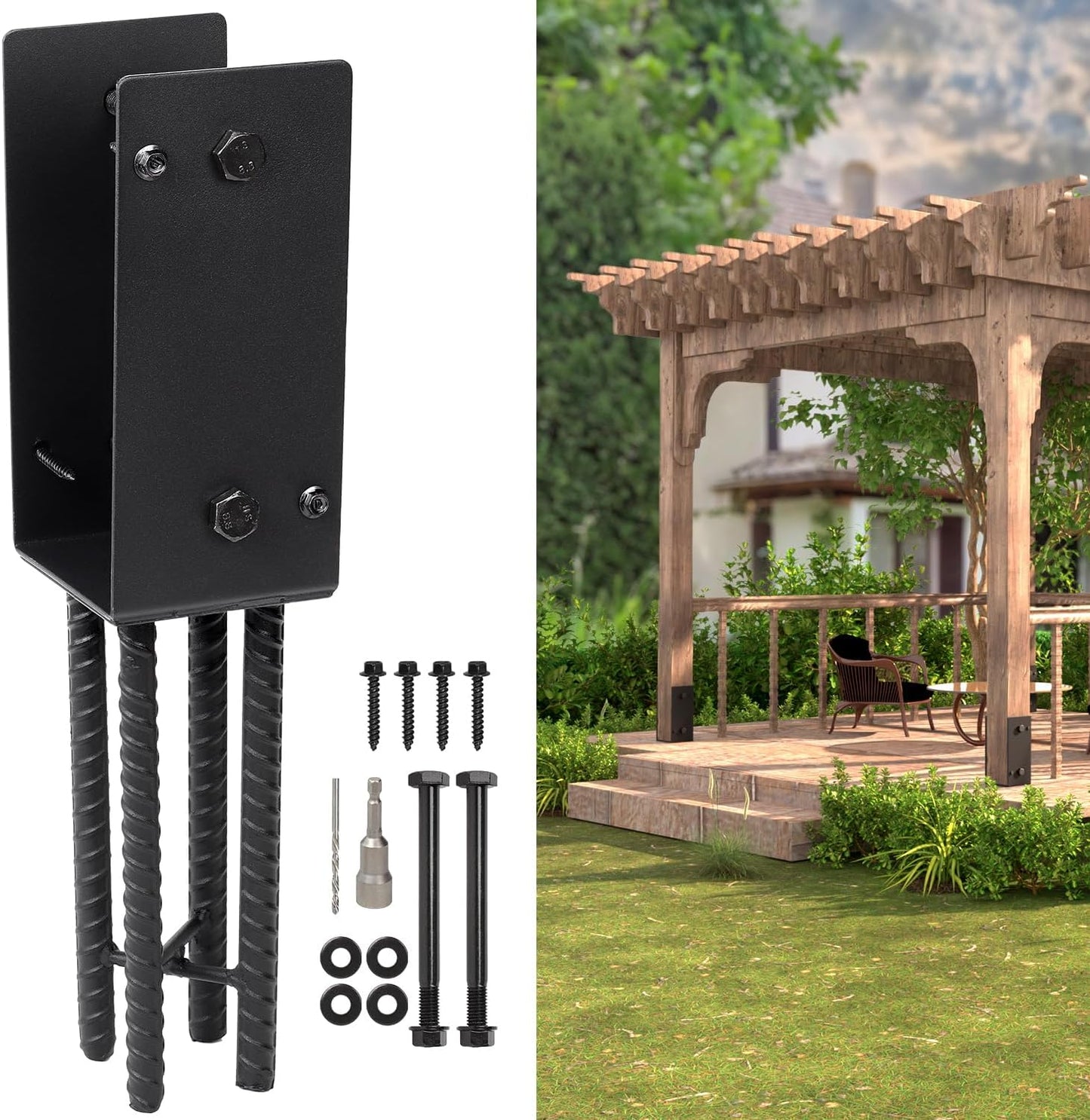 Soporte poste U metal 4x4pulg para valla madera negro