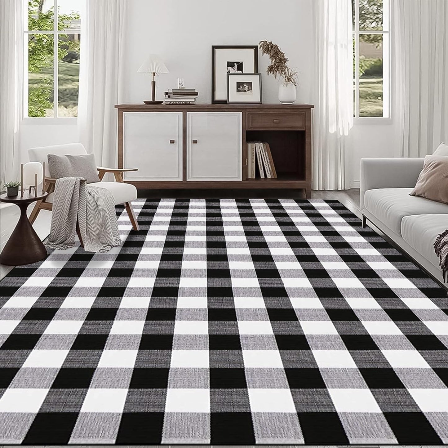Alfombra cuadros 5.5x7.5ft blanco y negro algodón