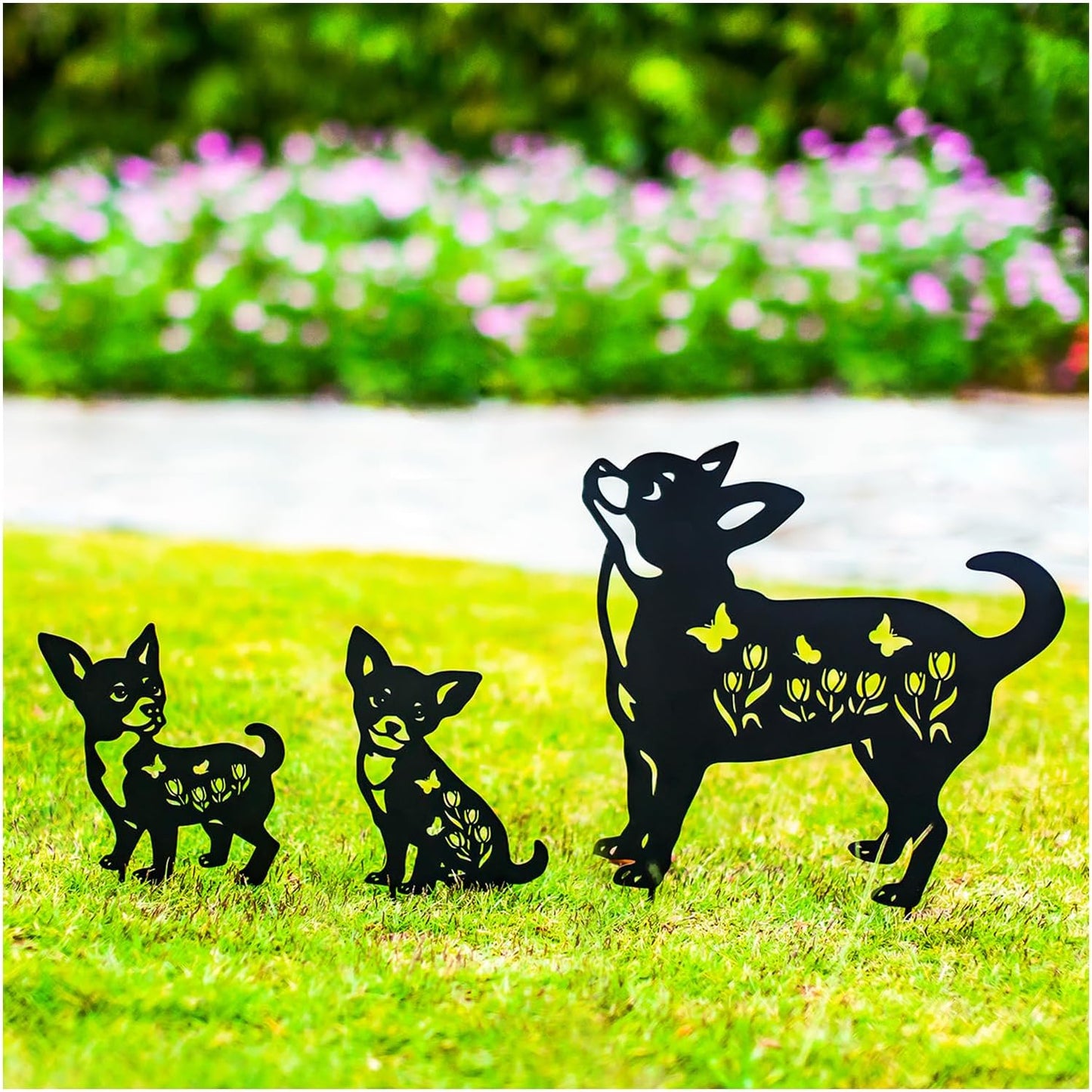 Estacas decorativas de metal con perros chihuahua para jardín